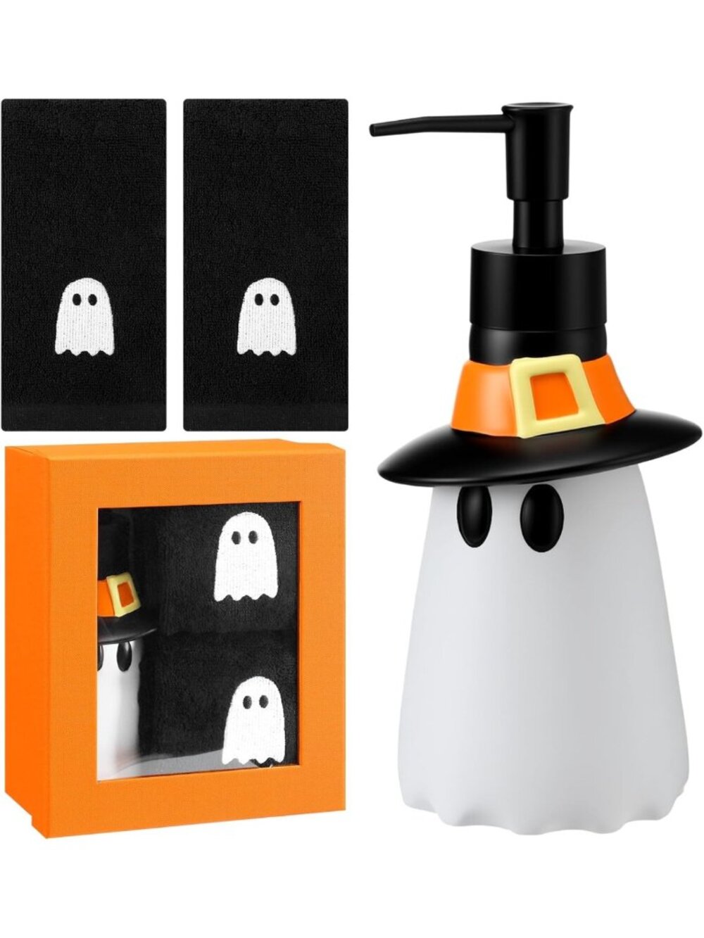 Halloween Bathroom Decor Set - 4 Pcs Ghost Soap Dispenser, Lotion Pump & Towels